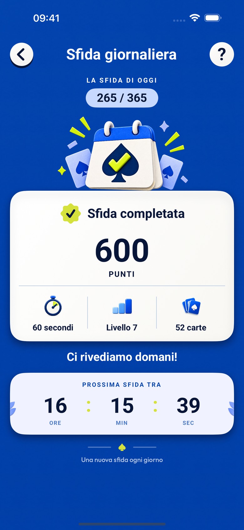 Sfida giornaliera: il risultato dopo aver completato la sfida.