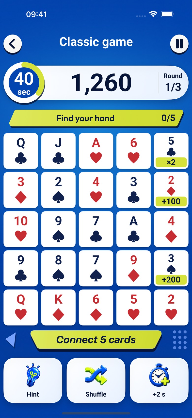 Solitaire: the game grid with cards, bonuses and helpers.