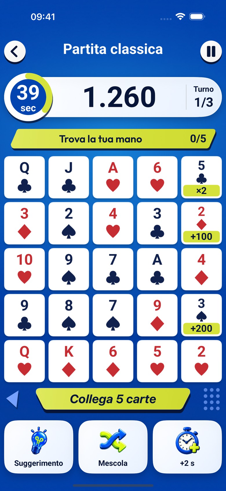 Solitario: la griglia di gioco con carte, bonus e aiuti.