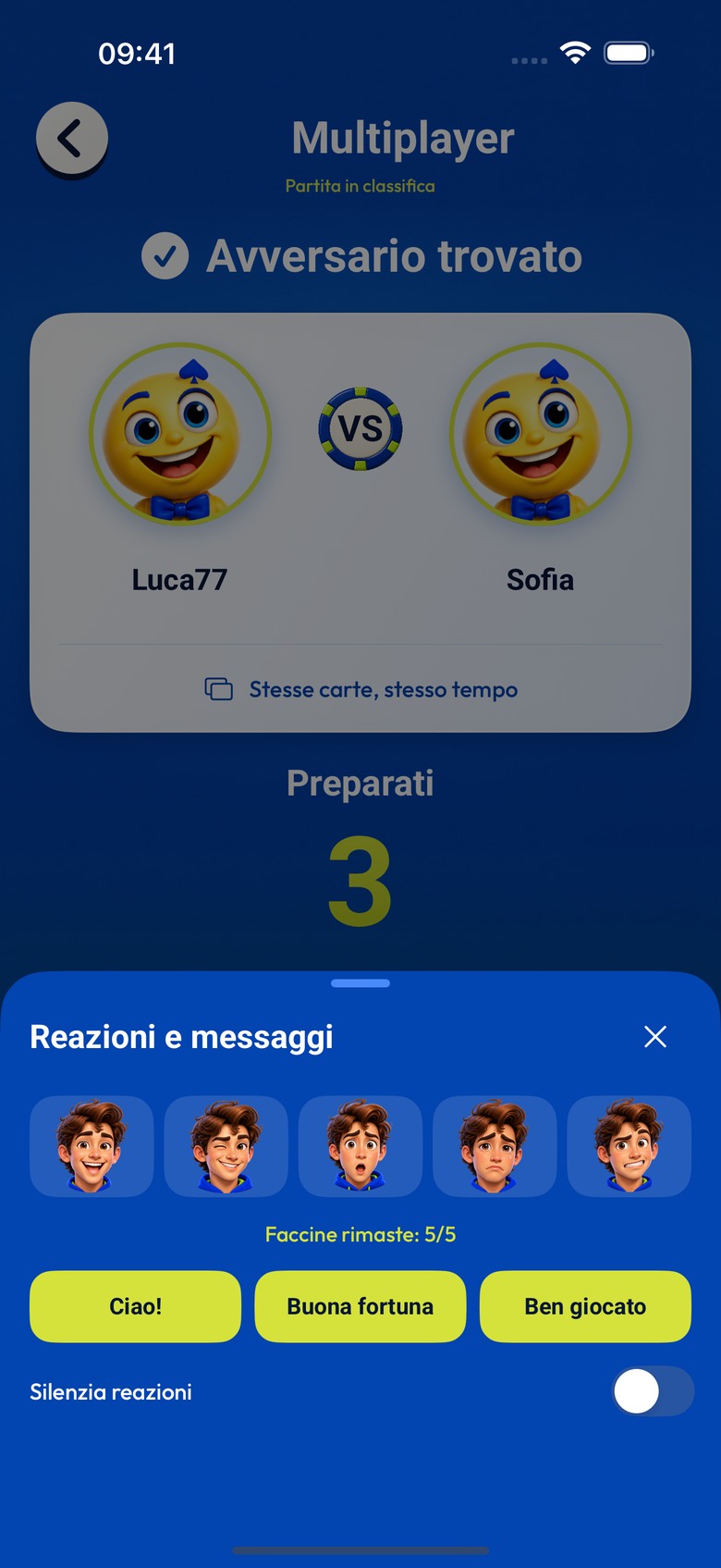 1 vs 1: tra le manche, il pannello con faccine e messaggi.